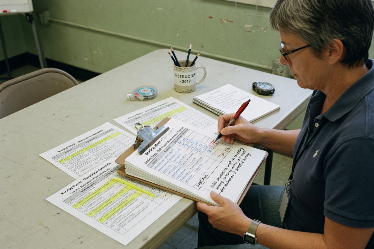 An instructor recording assessment results on a clipboard at a grading, operational and honest.