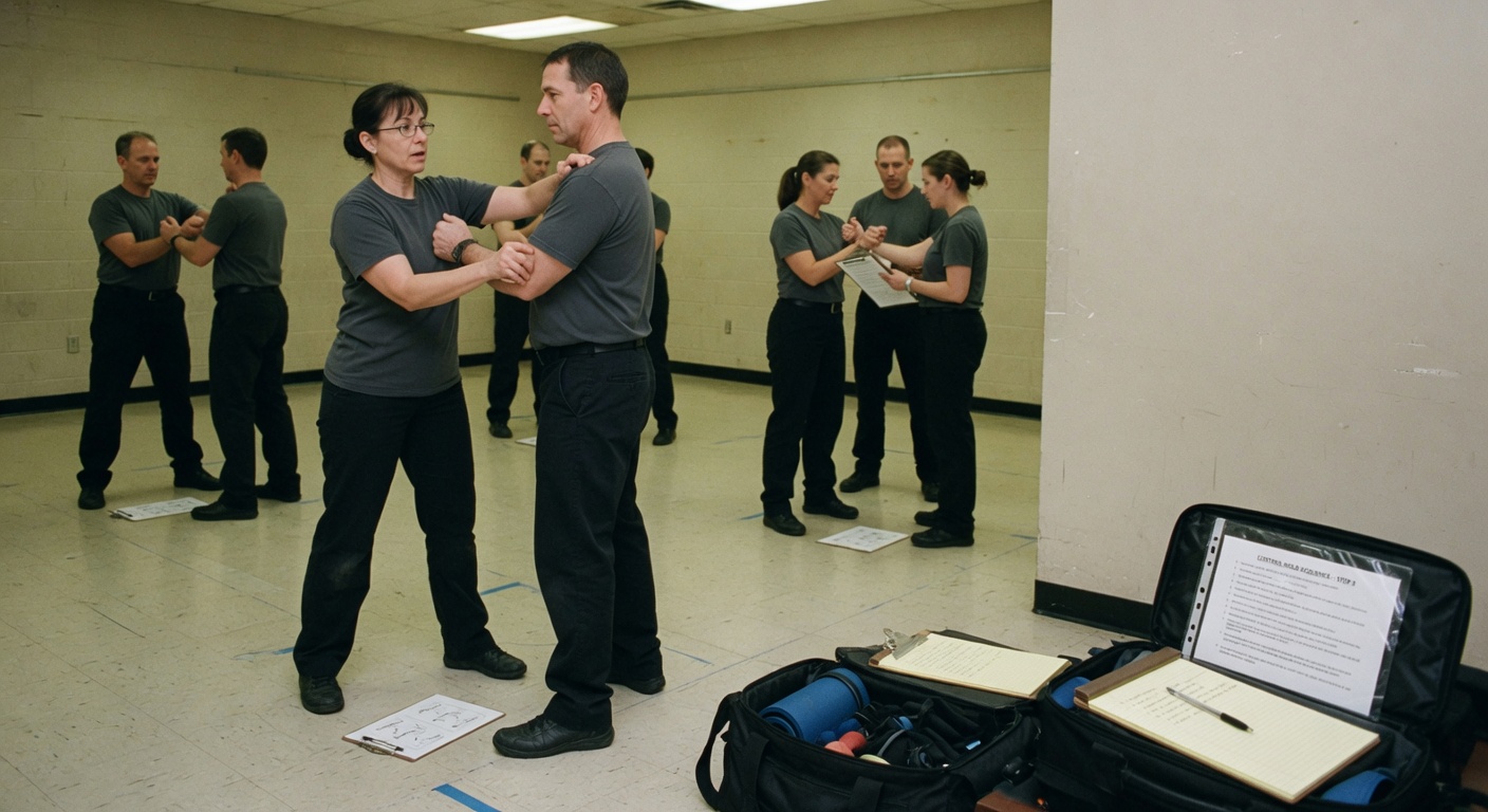 An instructor running a disciplined drill with adults practicing in pairs, methodical and procedural.